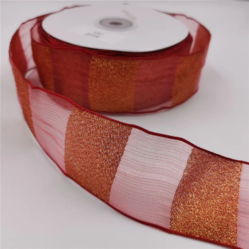 

38MM X 25yards Red Metallic Organza Ribbon Wired Edges for DIY Wrapping Bow Making Christmas Decoration N1241