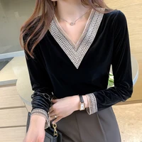 vintage blusas mujer de moda 2021 autumn new style black gold velvet pullover fashion hollow v neck long sleeved women top 809b
