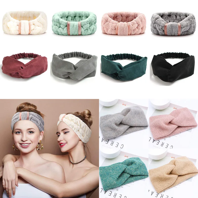 

2021 New Women Solid Knitting Cross Knot Woolen Warm Headbands Hair Holder Elastic Hairbands Turban Headwraps Hair Accessories