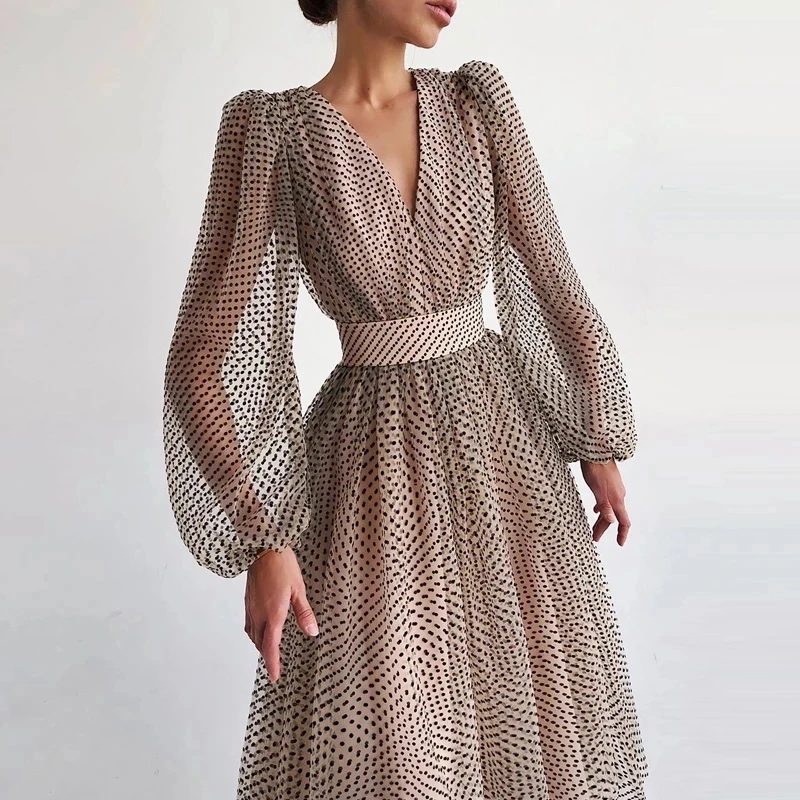

2021 Spring Polka Dot Printed A-Line Party Dress Women Sexy Deep V-neck Loose Long Dress Elegant Puff Long Sleeve Autumn Dresses