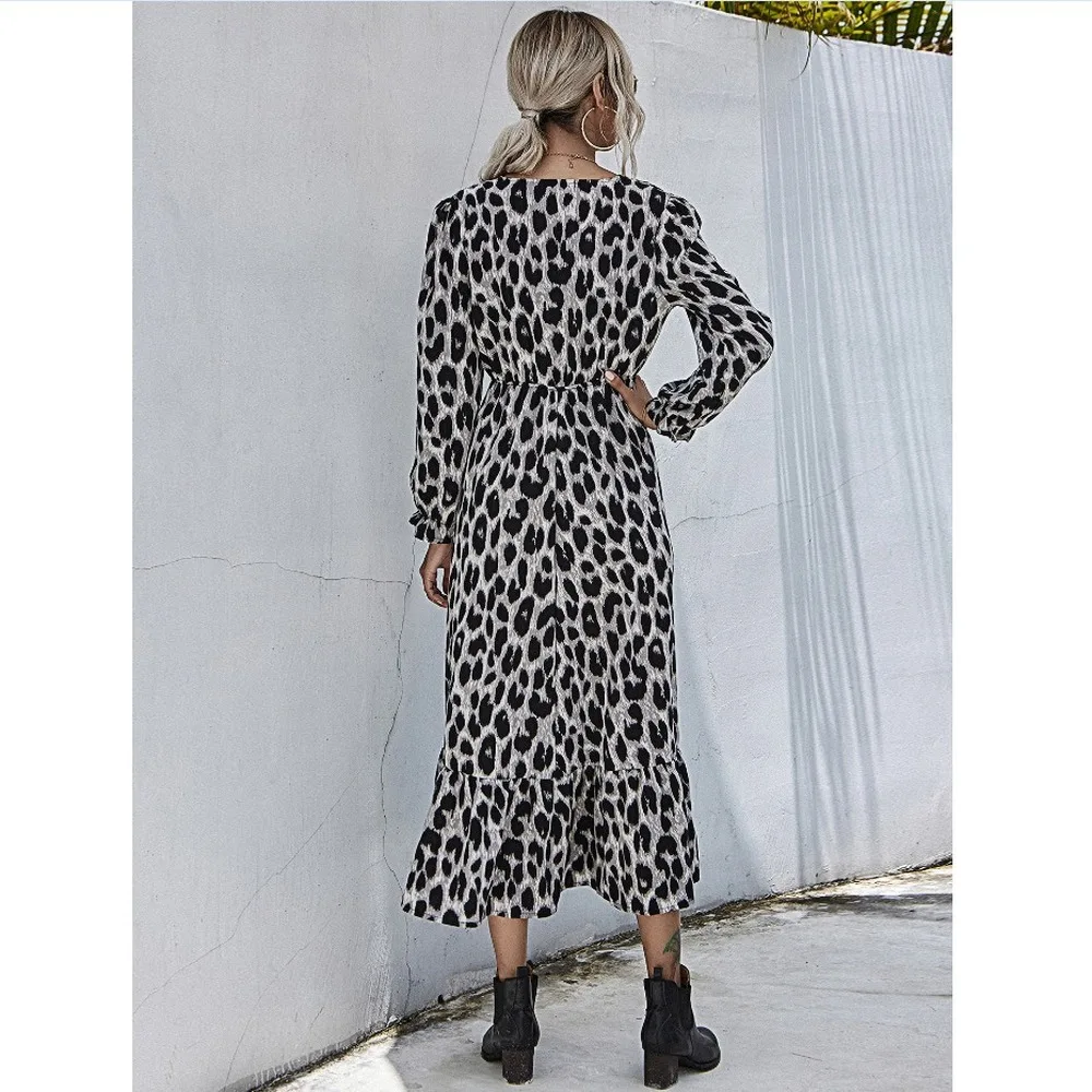

2020 New Autumn Chiffon Party Dress Women Sexy Deep V Neck Long Sleeve Leopard Print Clubwear Long Maxi Female Dress Vestidos