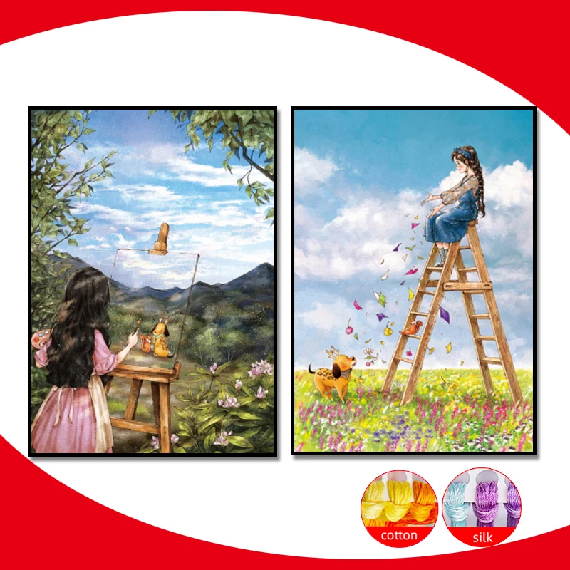 

DMC Needlework 11CT Printed Canvas Cross Stitch Kits Flower Ladder Girl Sketching Girl Cross-Stitch Set DIY Cotton Thread Decor