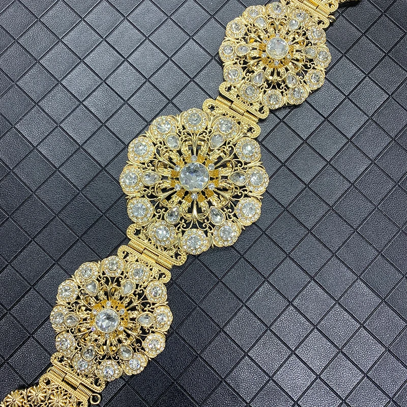 Elegant Round Crystal Waist Chain For Moroccan Style Wedding Caftan Noble Hollow Flower Shaped Metal Belt