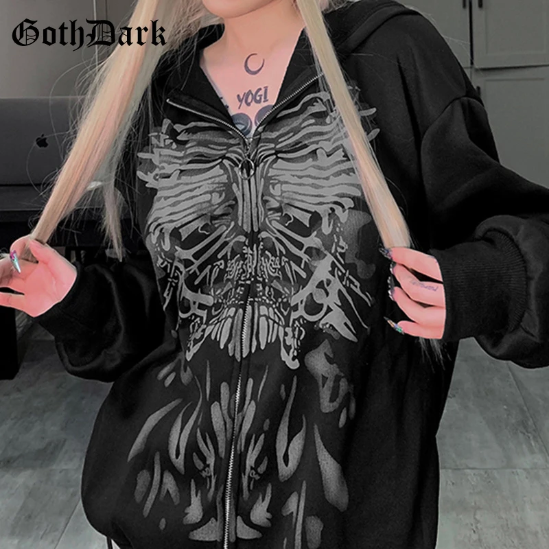 

Goth Dark Mall Gothic Aesthetic Black Women Hoodies Y2k Grunge Butterfly Print Zip Up Sweatshirts Vintage Streetwear Alt Clothes