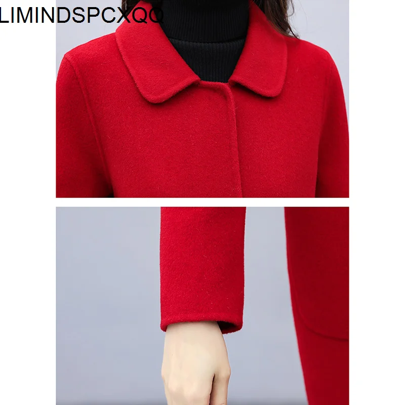 

Femme Parkas Fashion Blended Korean Wool Coat Womens Commute 2021 Autumn Winter Single-Breasted Red Slim Wool Long Outerwear