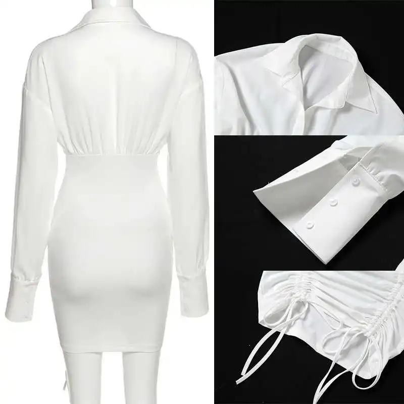 

Giyu Casual Ruched Woman Dress Sexy Bodyocn V Neck Lace Up Mini Dresses Club Party Elegant Shirt Vestidos White Women Clothing