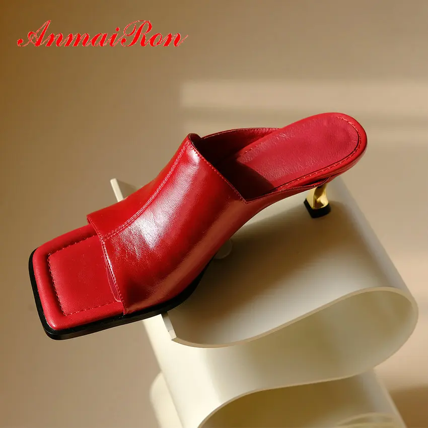 

ANMAIRON Women Slides Sheepskin Solid Summer 2020 Sexy Slippers Women Genuine Leather Outside Metal Decoration Shoes Woman