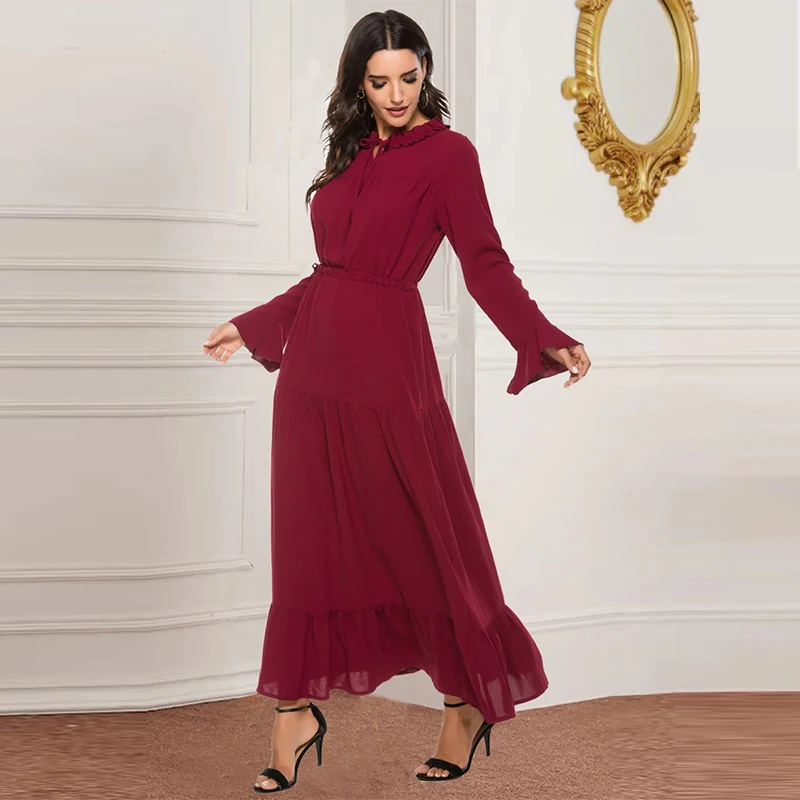 Мусульманское платье мусульманское турецкое с поясом рукава-трубы шифоновое