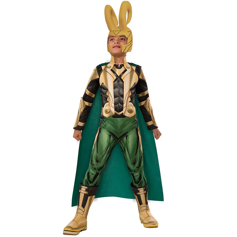 

Fancy Boys Loki cosplay costume With Horns Halloween kids superhero jumpsuit children's birthday party clothes Stage costumes
