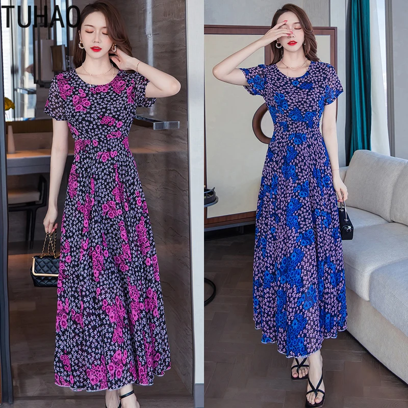 

TUHAO Large Size 3XL Women Short Sleeve Vintage Long Dress Summer Floral Print High Waist Elegant Boho Robe Dreses Plus Size