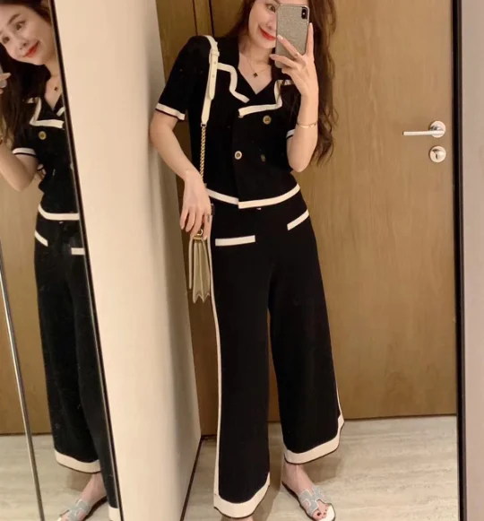 

Set female spring and autumn fashion temperament small fragrant knit wide leg pants suit new loose shirt two-piece