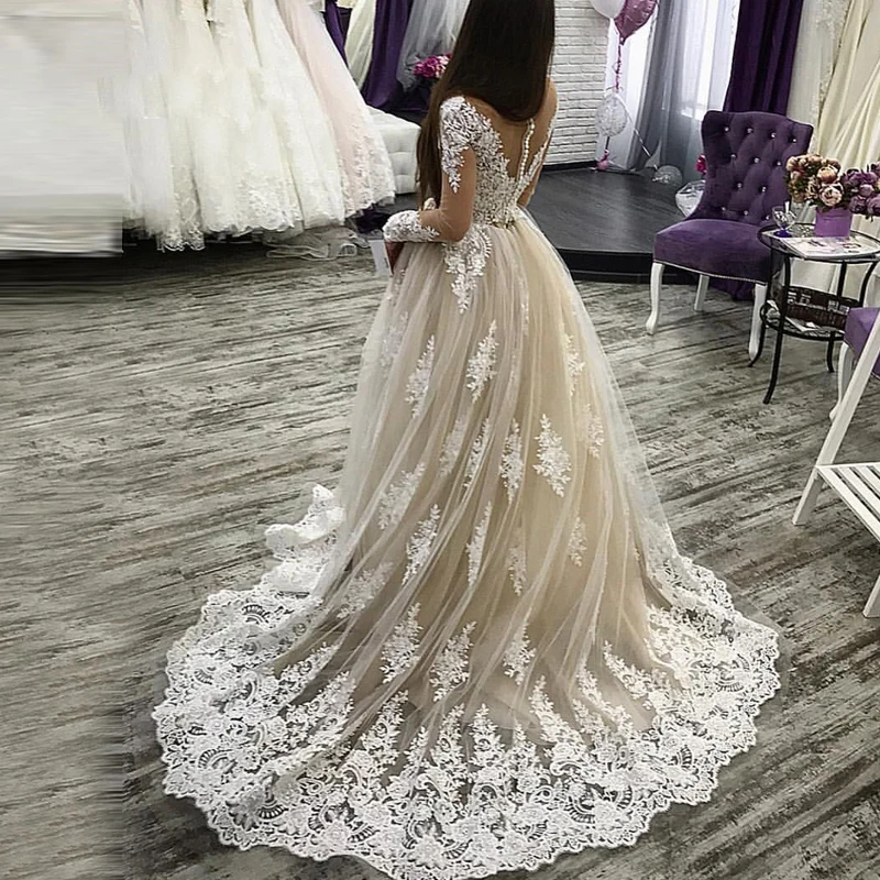 

High Quality Scalloped Appliques Wedding Dress Long Sleeves Lace Champagne A Line Wedding Bridal Dress Robe de Mariage