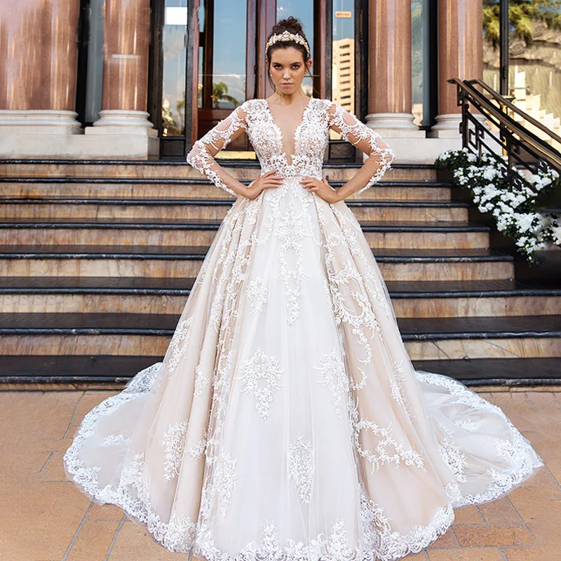

MACDUGAL Princess Wedding Dress 2022 V-Neck Detachable Train Ball Gown Long Sleeve Appliques Vestido De Novia Civil Custom Made