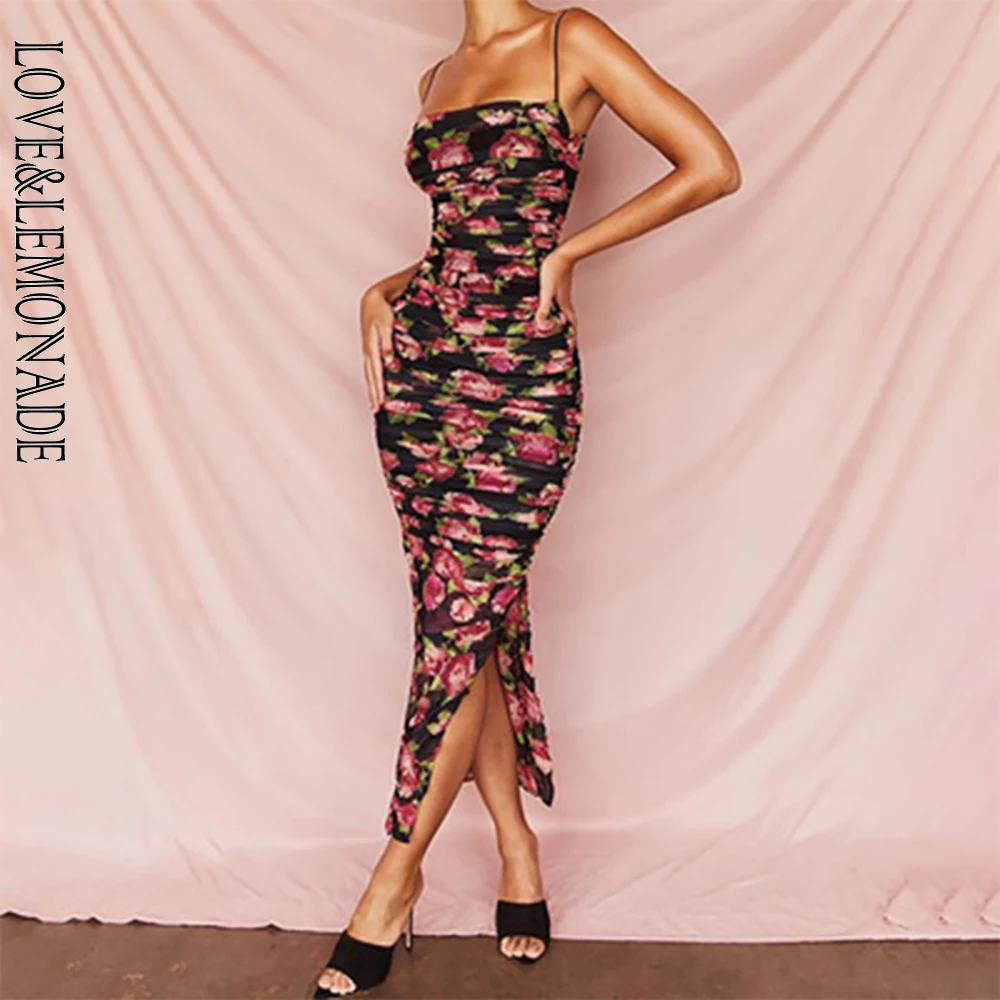 Женское вечернее платье LOVE & LEMONADE Сетчатое с цветочным принтом и разрезом модель