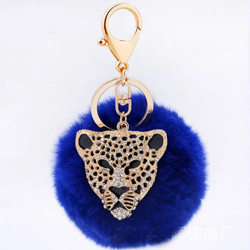 

New Rhinestone Leopard Head diamond Rabbit Fur Ball Key chain Bag Charm Pendant for Women Key Ring Keychain CH3620A