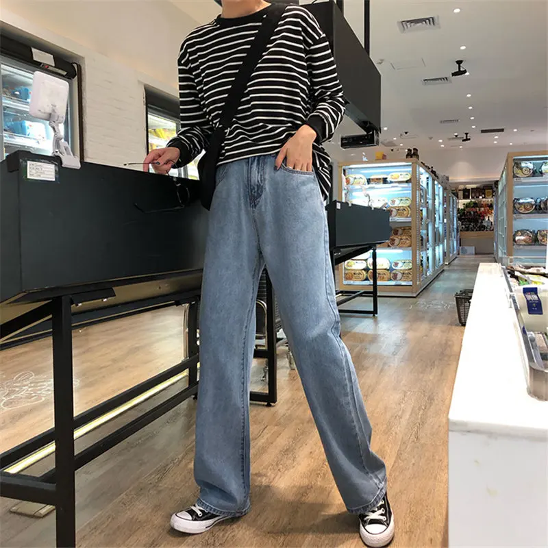 

HziriP Empire 2019 Chic Simple Straight Blue Loose Fresh Full Length Denim Streetwear Casual High Waist Slim All Match Pants