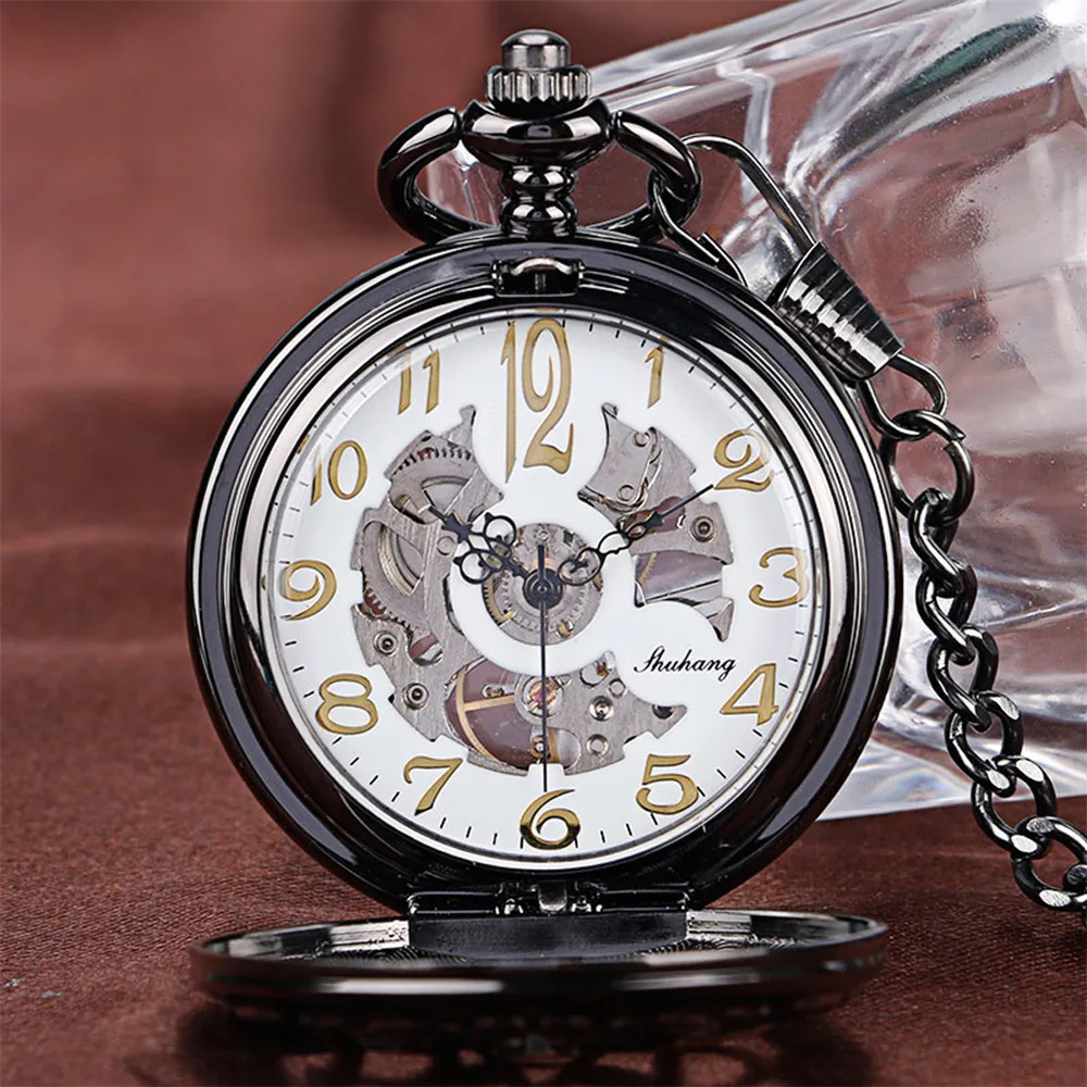 Hollow Golden DAD Retro Black Manual Mechanical Pocket Watch Men Arabic Numerals Display Pendant Antique Hand Winding Clock