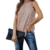 cinessd women lace blouses o neck sleeveless summer tops 2022 pink hollow pullover casual office lady solid tee blouse 10 colors