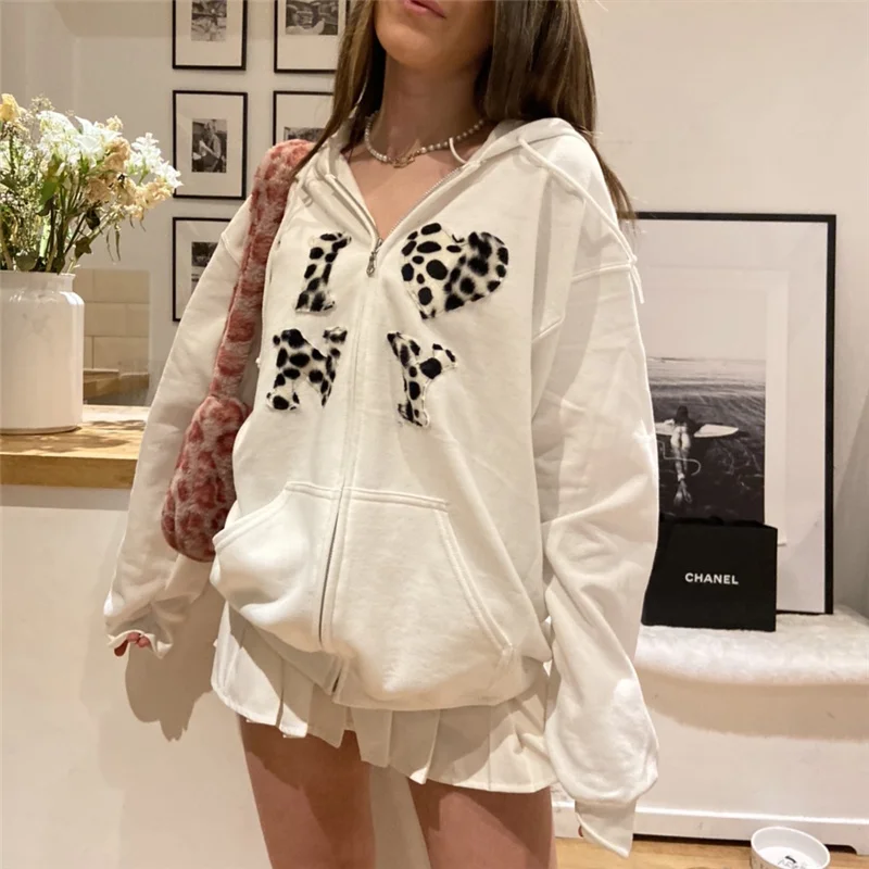 

Women's Long Sleeve Hooded Sweater Cardigan Adult Leopard Print Letter Pattern Shirt Pocket Drawstring 2021 Loose College Style