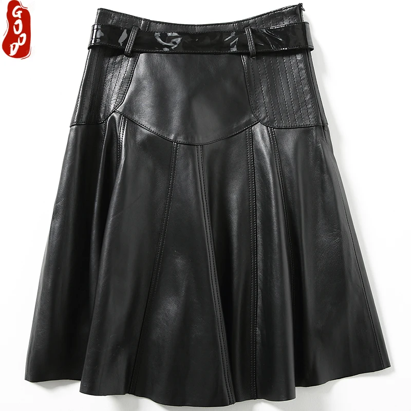 

Genuine Leather Skirts Womens Saia Midi Skirt Plus Size Pleated Skirt Sheepskin Spring Faldas Mujer Moda 2021 LPL1593