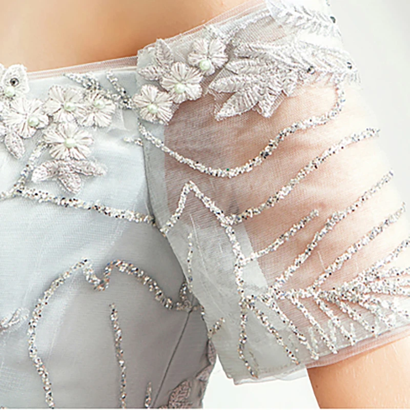 

Evening Dresses Illusion Lace Tulle A-Line Embroidery Crystal Off The Shoulder Pearls Sequined Vintage Women Formal Gown TS474