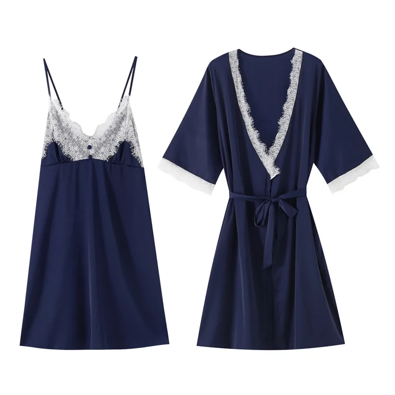 

Wedding Bride Sexy Lace Trim Robe Set Summer Satin 2PCS Sleep Suit Lounge Sleepwear Flower Pajama Women Faux Sik Kimono Gown