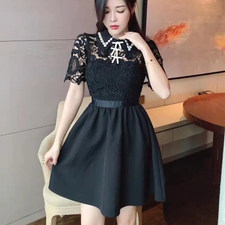 

Luxury Runway Fashion Black Mini Dress Women Beading Lapel Retro Elegant Lace Splicing A-Line Party Dresses Female 2022