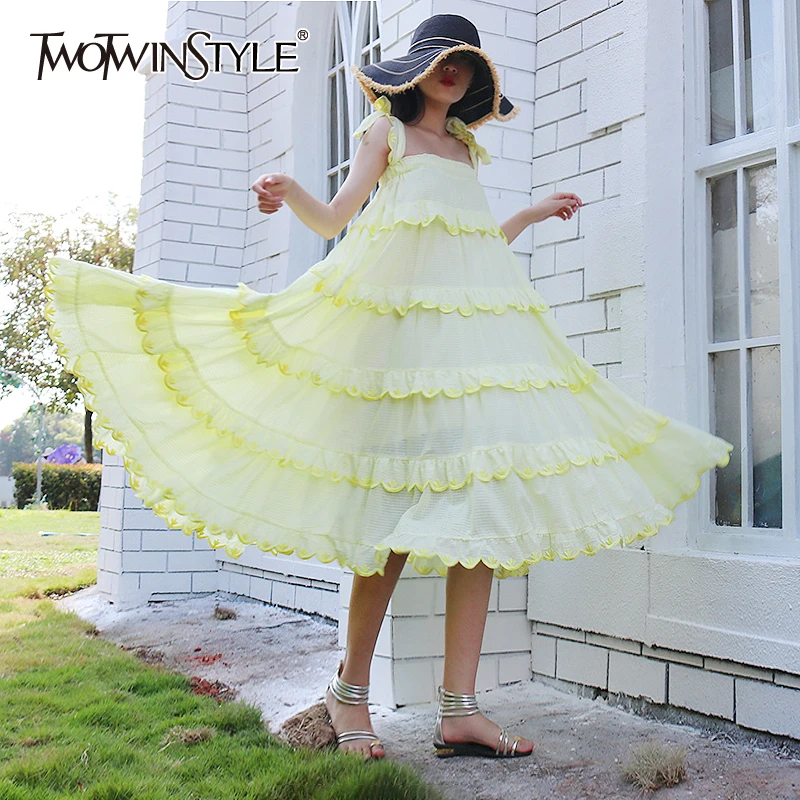 

TWOTWINSTYLE Elegant Patchwork Scalloped Women's Sling Dress Square Collar Sleeveless Loose Dresses Female Fashion New Clothing