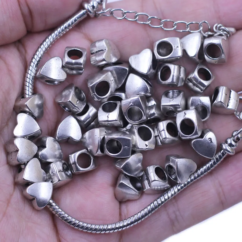 

10Pcs Spacer Beads Valentine's Day Heart Love Metal Silver Tone Fit European Charm Bracelets Jewelry DIY Finding 8x7mm