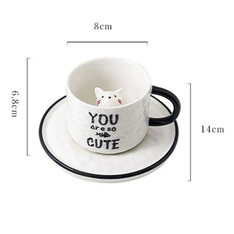 

280Ml Creative Cute Cartoon Stereo Cat Relief Design Ceramics Coffee Milk Tea Juice Mug with Metal Spoon and Saucer Set of Cups