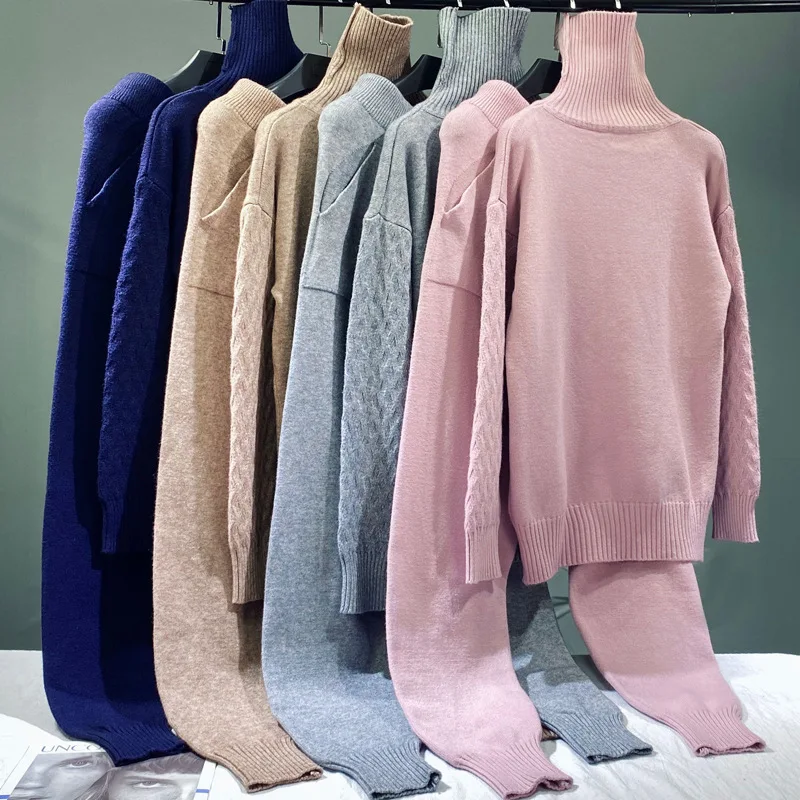 

Simple Fashion Womens Casual Loose Turtleneck Long Sleeve Sweater Pullover Harem Pants Winter New Solid Two Pieces Set костюм
