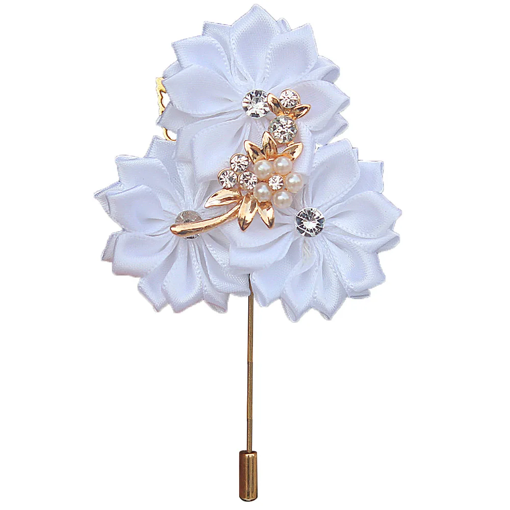 Чистые белые атласные цветы свадебная корсажная булавка с золотыми листьями и