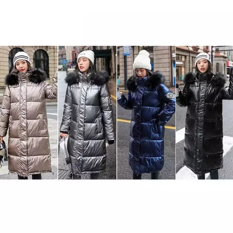 Женская длинная синяя блестящая стеганая куртка толстая зимняя женская с