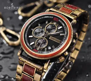 Часы наручные мужские с хронографом, брендовые роскошные в стиле милитари, с деревянной коробкой