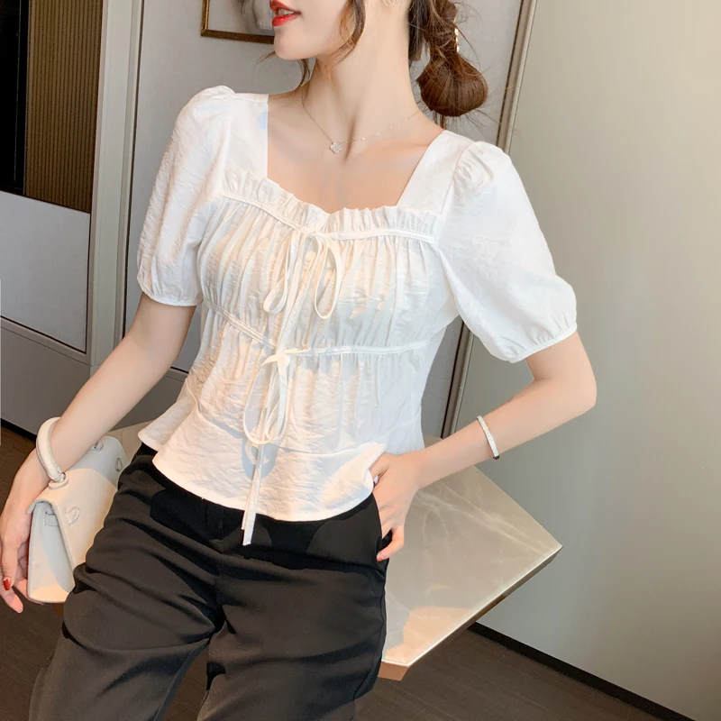 

COIGARSAM French Style Short Sleeve blouse women New Summer Chiffon blusas womens tops and blouses Green White Purple 1031