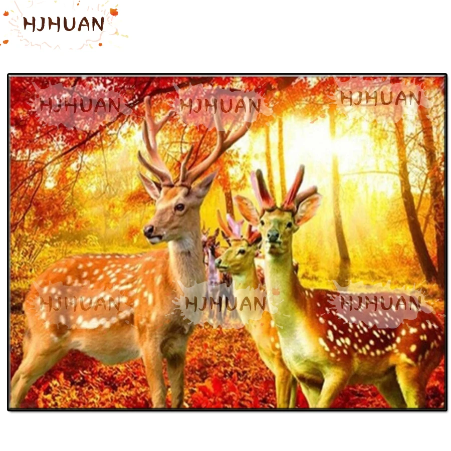 

Diamond Mosaic Sunset, forest, red maple leaves, sika deer 5D Diy Diamond Painting Full Drill Round Cross Stitch Home Decor Art