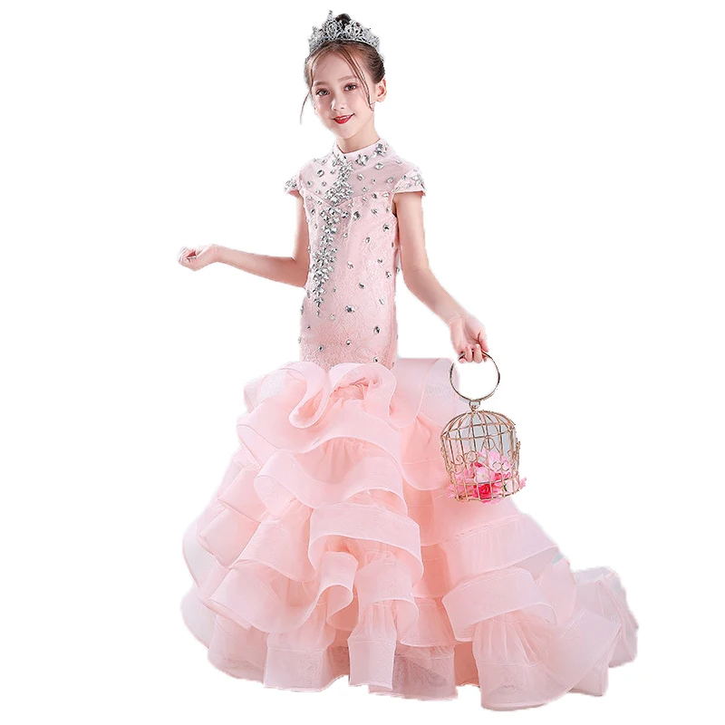 

Pink Mermaid Flower Flower Girl Dresses Organza Beaded Cap Sleeve Kids Evening Dress Gown Long White First Holy Communion Dress