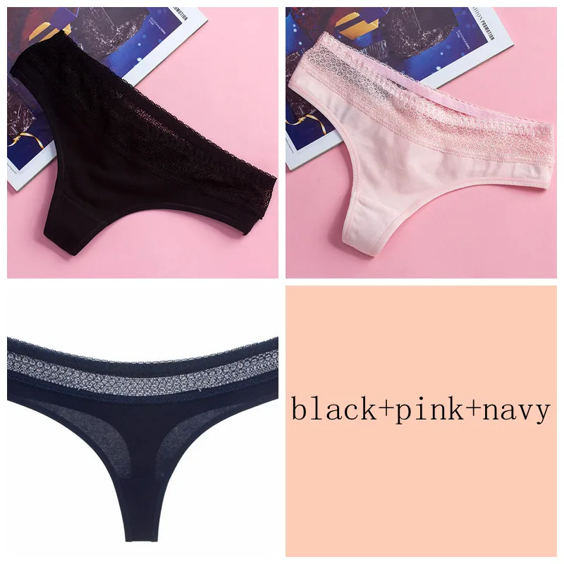 pink black navy 3 шт./лот, женские хлопковые трусики, с вырезами, с кружевной талией, хлопок, g-стринги, щипцы, сексуальные танга, нижнее белье, дамское нижнее белье, штаны - Цвет: pink black navy