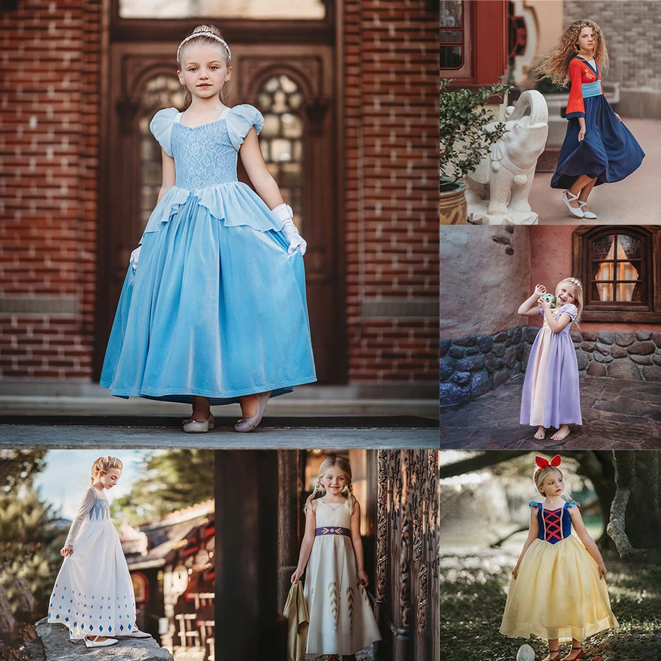 Disney Princess Anna Elsa Snow White Party Gown Girls Long Sleeve Maxi Dress Cinderella Mulan Halloween Cosplay Fancy Outfits