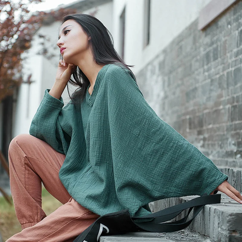 2019 Осенние футболки с рукавом летучая мышь винтажные женские хлопковые льняные v