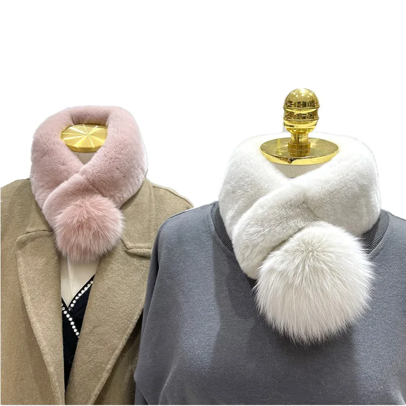 

Real Rex Rabbit Fur Scarf with Genuine Fox Fur Pompom Ball Winter Fluffy Collar Fashion Neck Warmer