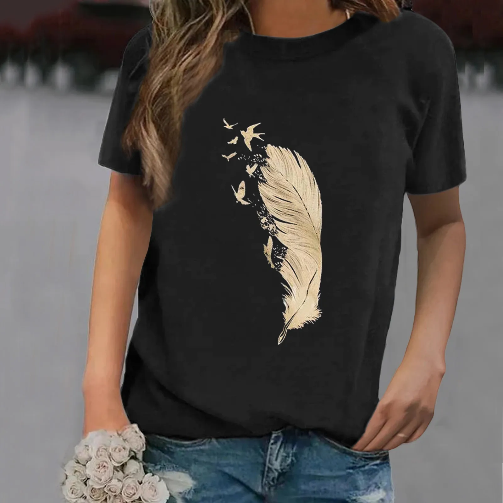 

Летняя футболка № 40, Женская Повседневная футболка с принтом в виде букв и перьев, свободная футболка с коротким рукавом, топы, Женская туни...