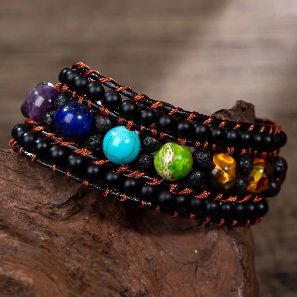 Браслеты Chakra регалит натуральные камни кожаный браслет Пара Йога ювелирные изделия