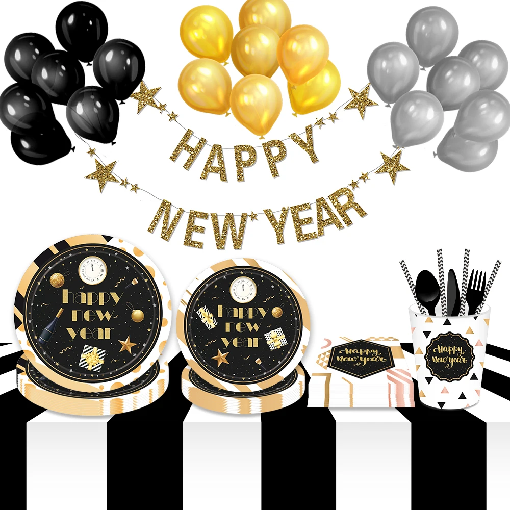 

Happy New Year Tableware Sets DIY Party Decorations Xmas Photobooth Props Black Gold Hanging Spiral Swirls Party Supplies