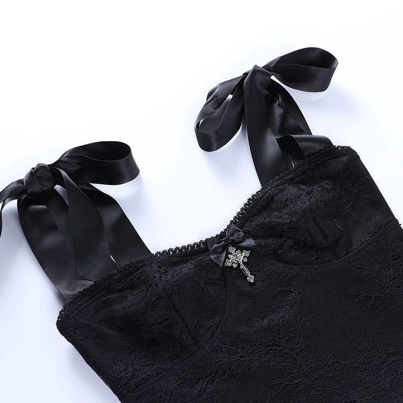 

Sexy Black Lace Cross Strap Crop Top Camis Mall Goth Backless Bodycon Corset Tops Harajuku Bowknot Slim Women Summer Clothing