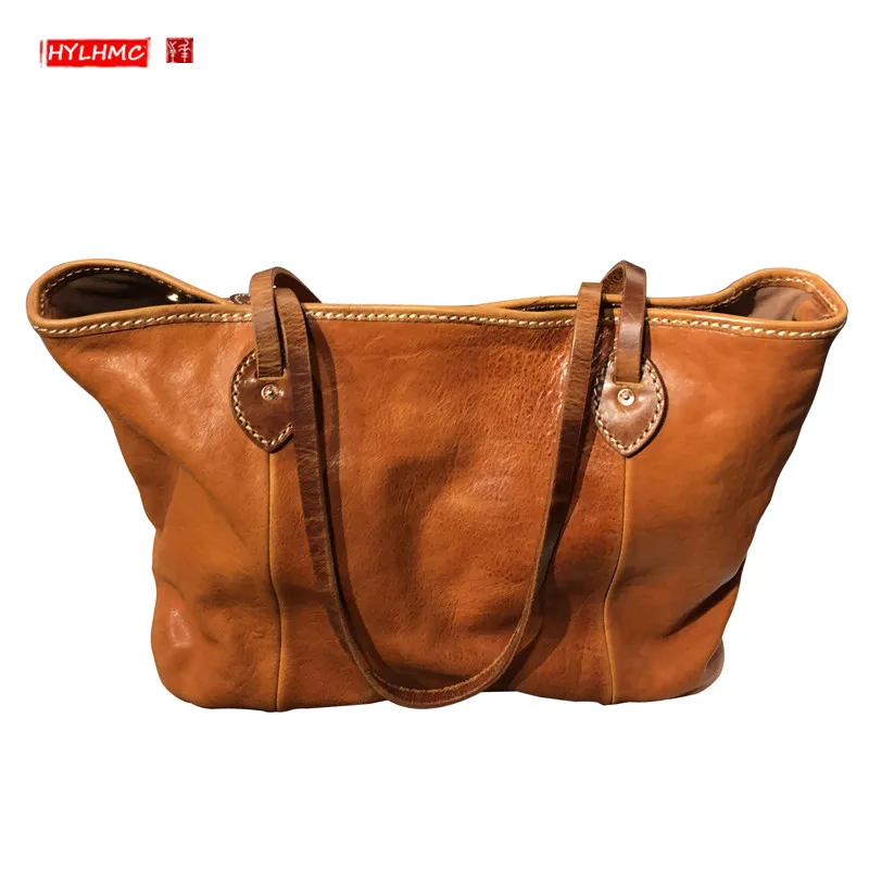 

Thick Genuine Leather Women Handbags Cowhide Shoulder Bag Female Retro Large Capacity Tote Bag Ladies Shopping Bags