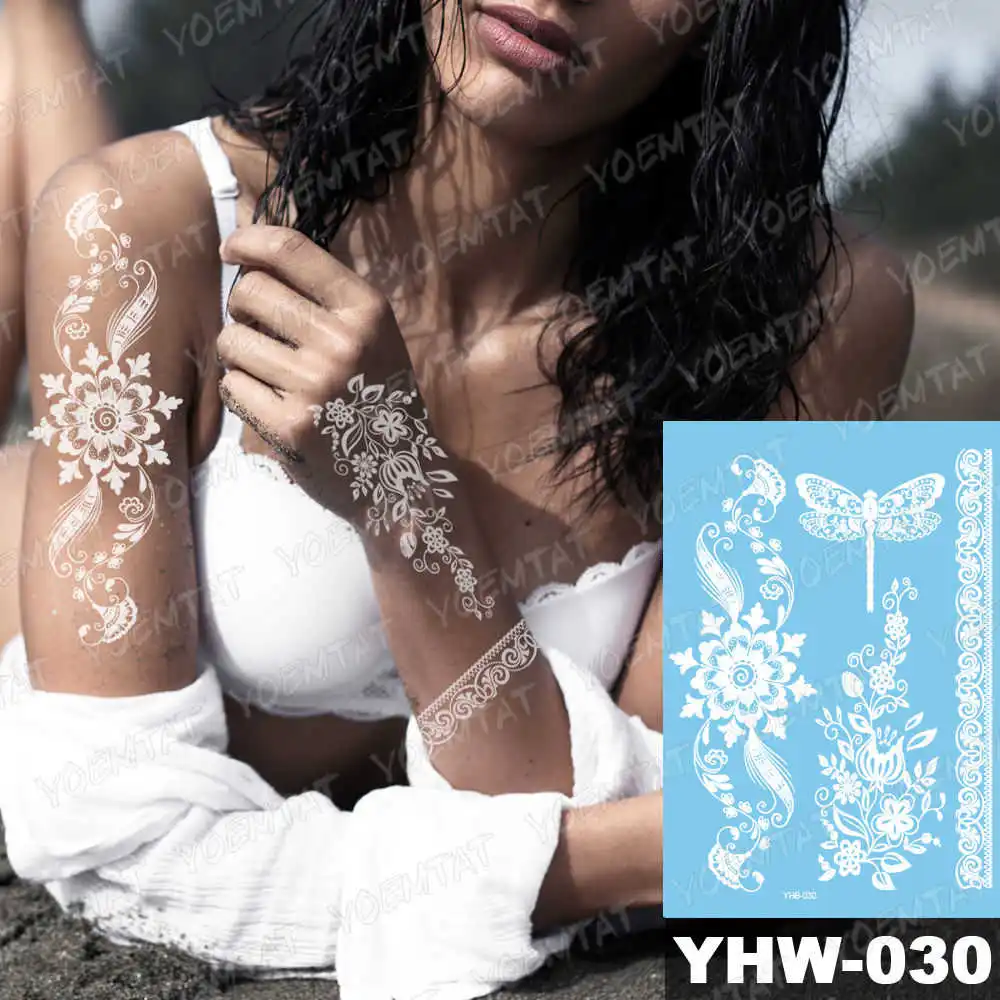 20-YHW-030 Индийский арабский разрабатывает временные водонепроницаемые татуировки наклейки Кружева белые татуировки для невесты поддельные татуировки Мандала искусство тела ручной чокер - Цвет: 20-YHW-030
