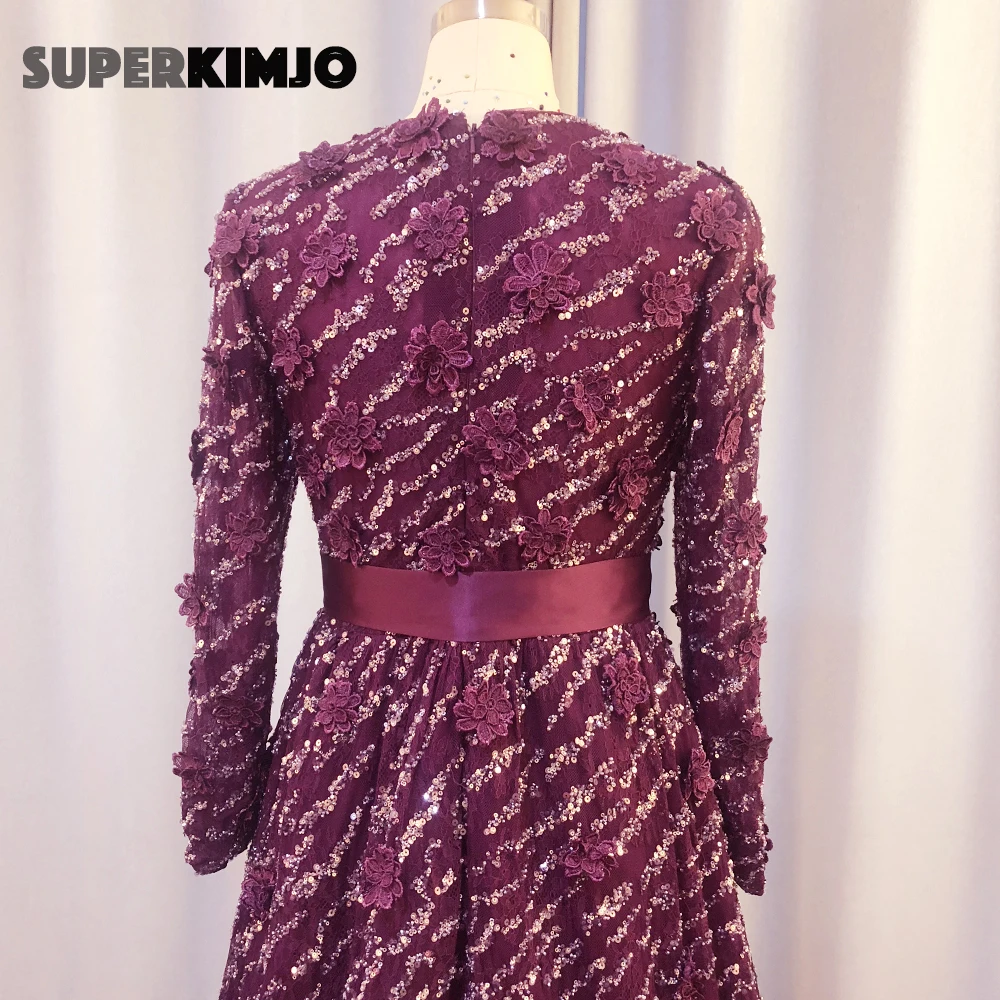 SuperKimJo 2020 Deep Purple Prom Dresses Long Sleeve Vintage Elegant 3D Flowers Beaded Prom Gown Vestidos Largos De Fiesta