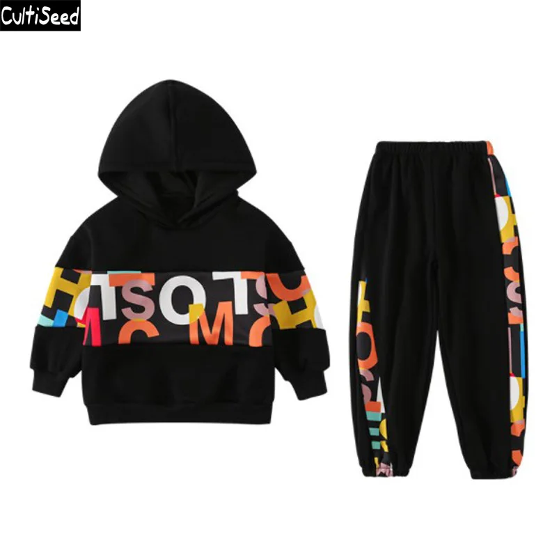 

Cultiseed Girls Autumn Winter Thick Warm Hooded Hoodies Sets Clothes Big Children Kids Color Letter Print Loose Casual Suits