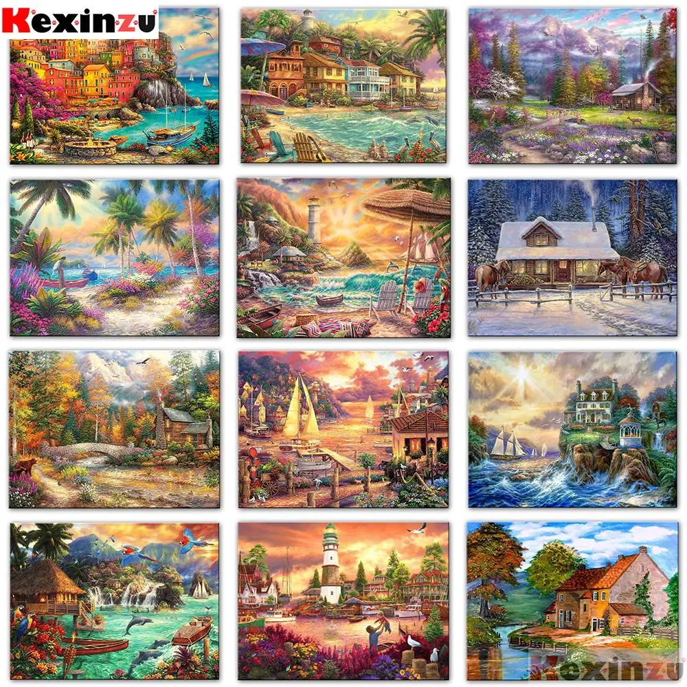 

Full 5D Diy Square/Round diamond painting Seaside village lighthouse,picture, Handwork 3d embroidery cross stitch mosaic X457